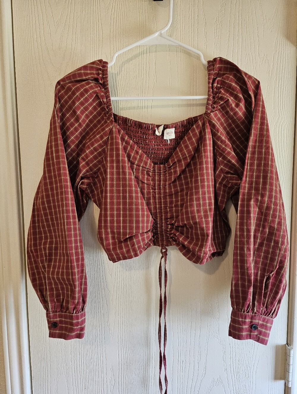 Levi's Red Plaid Cotton Puff Sleeve Women's Blouse Size Large